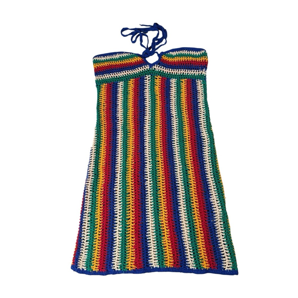 Forever 21 Halter Neck Boho Colorful Striped Summer Crochet Mini Dress Size L